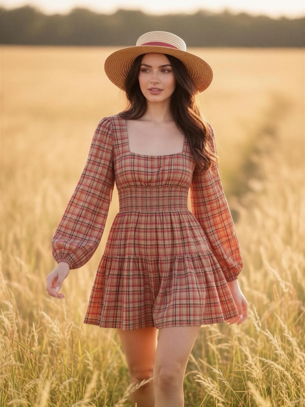Topshop Plaid Square-Neck Smocked Mini Dress - Rust Plaid - new with tags
